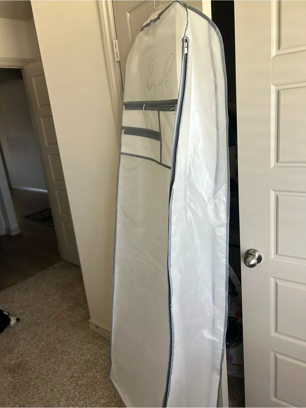 David's Bridal White Garment Bag with Gray Trim and 'Bride' Script